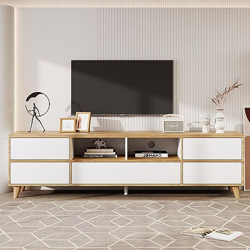 Moderner Stil TV Lowboard mit 5 Schranktüren und 2 offener Stauraum für TV bis zu 75 Zoll, TV Ständer, Holz TV-Schrank, Landhausstil Weiß und Holzfarben Fernsehtisch, TV-Regal, 175 x 37 x 51 cm