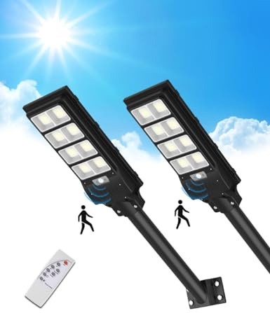 Sararoom 400W Solarlampen für Außen mit Bewegungsmelder Fernbedienung, 2pc 6500K 50000 LM Solar Straßenlaterne Wegeleuchte, IP65 Wasserdichte LED Solar Strahler Aussenleuchte für Gärten Garage Straßen