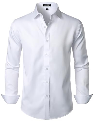 JEMITOP Men's Stretch Wrinkle Free Dress Shirts Formal Wedding Prom Long Sleeve Slim Fit Button Down Shirt Solid White M