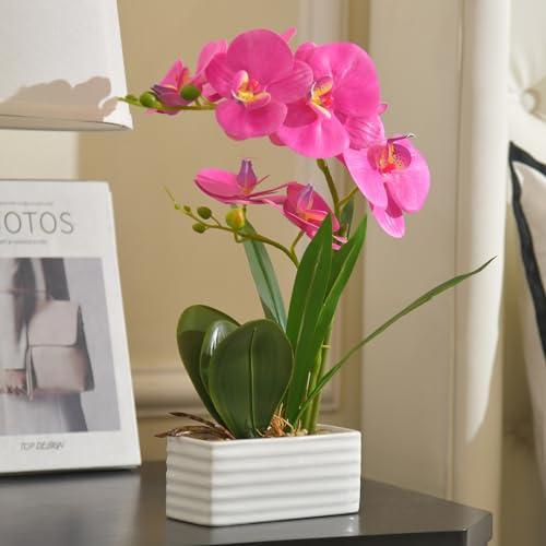 FuleHouzz Orchidea artificiale realistica al tatto, in vaso, con vaso in ceramica bianca, orchidee finte per casa, tavolo, ufficio, decorazione per feste di nozze (viola rosso)
