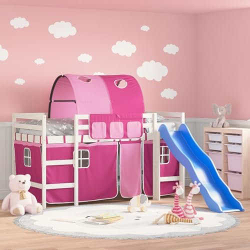 Festnight Hochbett Kinder mit Rutsche Spielbett Kinderbett 80x200 cm Kinderhochbett Etagenbett Hausbett Holzbett mit Tunnel Leiter Vorhang Einzelbetten Jugendbett Bettgestell Rutschbett Halbhochbett