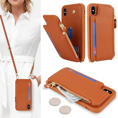 SailorTech Handyhülle für iPhone X Etui mit Kartenfach, iPhone XS Hülle mit Verstellbarer Halskette, iPhone X/XS Handytasche mit Reißverschluss Geldbörse - Braun