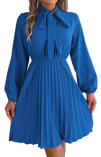 Plisseekleider mit Krawattenausschnitt für Frauen Langärmeliges Kleid mit hohem Halsausschnitt und kurzer Linie Knielange Swing Midikleider (Blau,L)