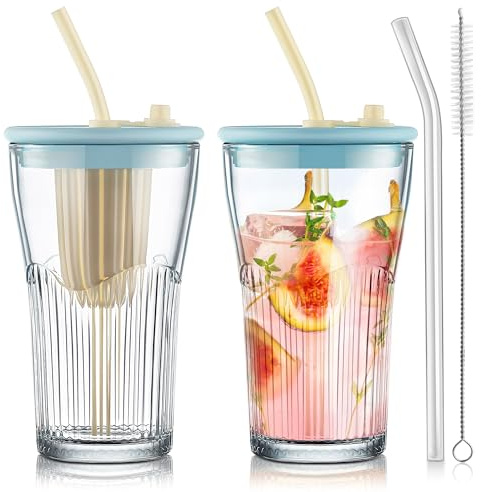 Joeyan Lot de 2 Transparent Verre avec Paille et Bleu Couvercle, 450ml Gobelet,Tasses à Café Glacé Nervurées,Verre a Eau avec infuseur à thé pour bubble tea matcha limonade,Passent au Lave-vaisselle
