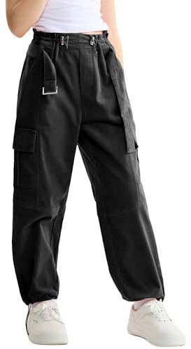 Rolanko Pantalon Cargo Fille avec Ceinture Réglable Taille Haute Élastiquée en Velours Côtelé Jogging Pantalon de Danse Hip Hop pour Enfants, Noir, Taille: 13-15 Ans/170