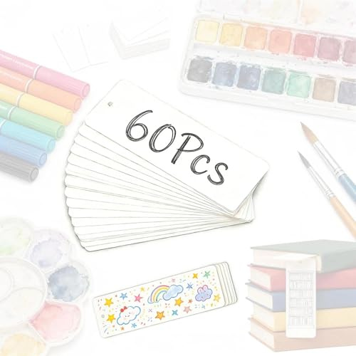 LERANXIN Blanko Lesezeichen, 60 Stück Papier Lesezeichens Basteln mit Loch, Lesezeichen Rohlinge Set für DIY Handwerk Geschenkanhänger (Weiß, 14x5cm)