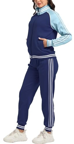 ANOTWENER Damen Trainingsanzug Set Gestreiftem Jogginganzug Sportanzug Zweiteiler Freizeitanzug mit Taschen S-XXL