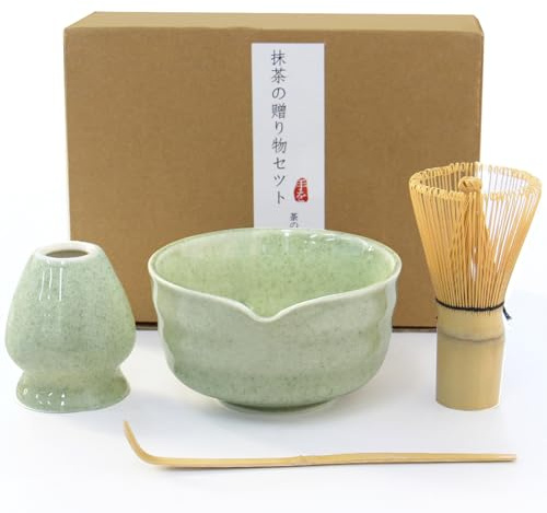 Juego de matcha, juego de té japonés incluye cuenco de matcha con boquilla, batidor y soporte, cuchara de bambú para matcha, kit de 4 piezas de matcha de grado ceremonial para los amantes del té