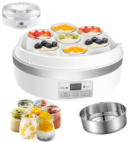 VoOqo Yogurtera, Yogurtera Totalmente Automática de 1,7 L con 7 Vasos de Vidrio, Mini Yogurtera Eléctrica de 15 W, Función de Temporización, para Hacer Yogur Casero y Vegano