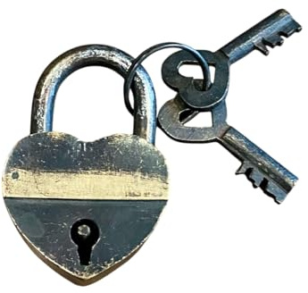 Petit Cadenas en Laiton Patine ancienne en Forme de Cœur, 6 x 4 x 3 cm, avec 2 Clés