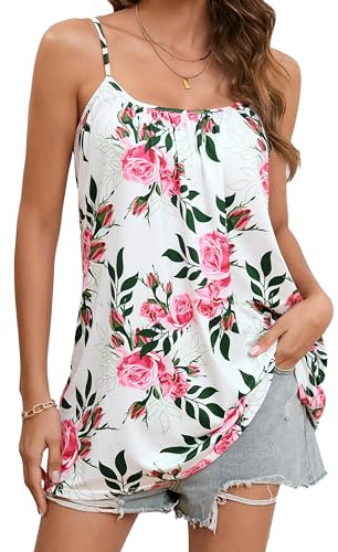 Enmain Camiseta Blanco Tirantes Mujer Verano Sin Mangas Casual Tops con Cuello Redondo Elegante Estampado Blusa Ajustables Tirantes Finos M