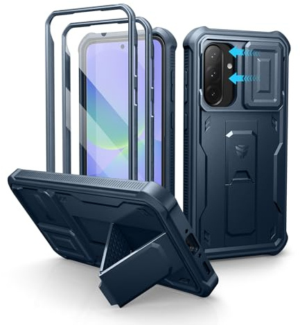 Dexnor pour Coque Samsung Galaxy A36【Double Cadre Avant et Support】 avec CaméRa Coulissante Intégrée & Protecteur d'écran, Coque de Protection Robuste Résistante Aux Chocs - Bleu