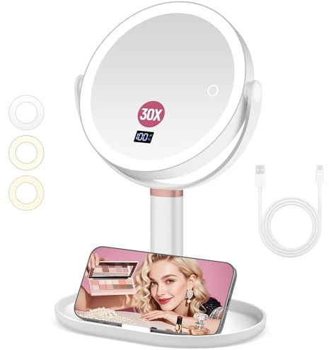 B Beauty Planet 20cm 30 Fach Spiegel, Kosmetikspiegel mit Beleuchtung Vergrößerungsspiegel mit Licht, Dreifarbiger Lichtmodus Helligkeit/Höhe Einstellbar (20cm Große Spiegel-Weiß)