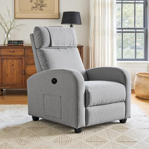 BonVoche Fauteuil Relax, Fauteuil Détente avec Ports de Chargement USB & Type-C, Dossier et Footstool Réglables, Siège Individuel pour Salon, Chambre, Bureau, Tissu Lin, Gris Clair