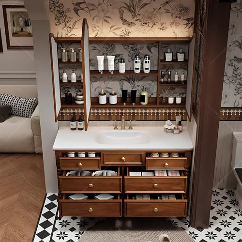 DUANHOZ Tocador de baño Moderno con Lavabo Individual de Suelo, Espejo antivaho Inteligente, Marco de Madera Maciza, Armario de Almacenamiento, Espejo de 90 cm, diseño Elegante y
