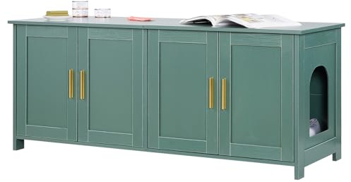 VEVOR Meuble Bac à Litière Chat Armoire Cache Maison de Toilette de Chat Intérieur, avec 4 Portes et 2 Entrées, Niche Cache-litière en Bois, pour la Plupart Bacs à Litière Chats, 120x45x50 cm, Vert