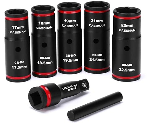 CASOMAN 7PCS Lug Nut Socket Set, 1/2”Dr. Impact Thin Wall Flip Socket Set, Half Size, Metric, 6-Point, CR-MO, 17mm x 17.5mm, 18mm x 18.5mm, 19mm x 19.5mm, 21mm x 21.5mm, 22mm x 22.5mm