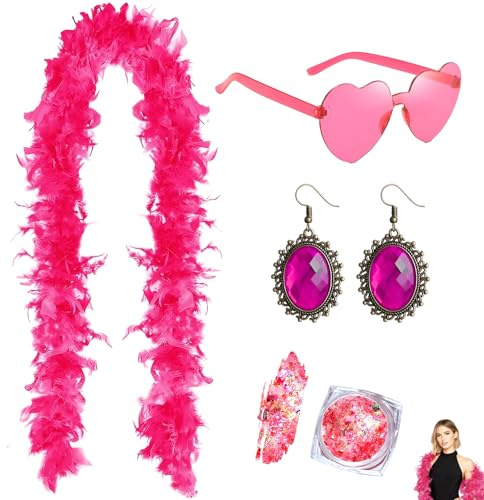 YOKJGHDO 4 Stück Federboa Pink Set mit Herzbrille Ohrringe und Körperglitzer, 2m Federboa Rosa für Damen Faschingskostüme, Karnevalskostüme, JGA Deko, 20er Jahre Party Accessoires, Kostüm Zubehör