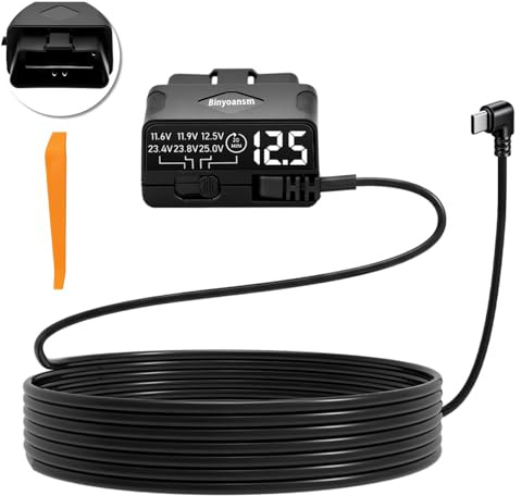 OBD 2 Dash Cam Hardwire Kit USB C, Plug and Play Adapter with LED Display, 4-Level Adjustable Low Volt Protection, Acc Driver Detection Cable for Parking Mode & Continuous Recording,11.5ft