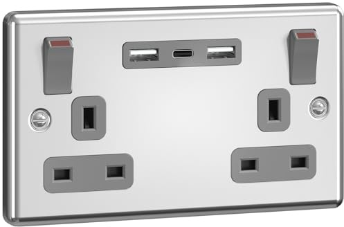 SURAIELEC Chrome Double Plug Socket with USB C, 2 Gang 13A Switched Brushed Steel Wall Socket, 18W USB Fast Charge (2 USB-A + 1 USB-C), Child Safe, Silver Grey, Fits 25mm Back Box