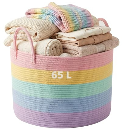 Large Rainbow Toy Storage Basket, 65L Woven Laundry Basket, Round Blanket Basket, Dirty Clothes Basket, Toy Storage with Handle, Room Decor for Living Room, Bedroom, Bathroom, Nursery 50x33cm