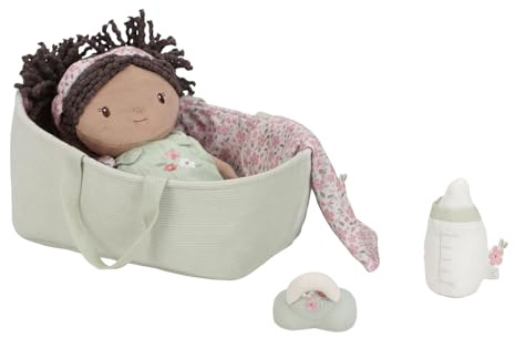 Little Dutch Stoffpuppe Babypuppe Evi im Tragekorb - mit magnetischem Schnuller und Trinkflasche - inklusive viel Zubehör - für Mädchen ab 12 Monate - Mint | Babypuppe mit magnetischem Schnuller und Trinkflasche, für Mädchen ab 12 Monate