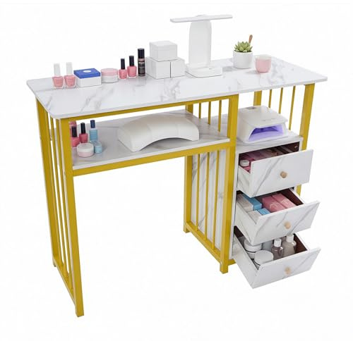 LKHDONG Mesa de uñas profesional para manicura con 3 cajones, banco de manicura, escritorio para salón de uñas, 100 x 40 x 76 cm