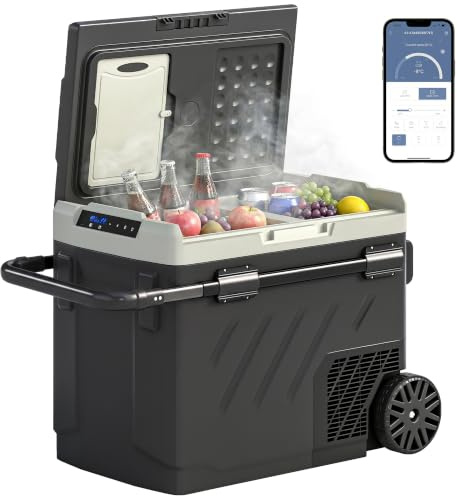 Outsunny Nevera Portátil Eléctrica 49L 12/24/240V Refrigerador de Coche con Compresor Doble Zona Control por App Luz LED Pantalla Modos ECO y MAX de -20℃ a +20 ℃ Asa Telescópica Ruedas y Puerto USB