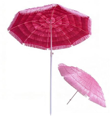 Sombrilla de Paja Hawaiana, Sombrilla Terraza Exterior Inclinable, 200cm, 8 Varillas, para Jardín, Piscina y Patio Trasero(Pink)