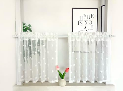 Daliena Scheibengardine 2er Set Gardinen mit Pompons Weiß BxH60x45cm | Bistrogardine Modern, Gardinen Lichtdurchlässig Blickdicht, Küche Kleine Fenstergardinen Weiß mit Stangendurchzug 2 Stück