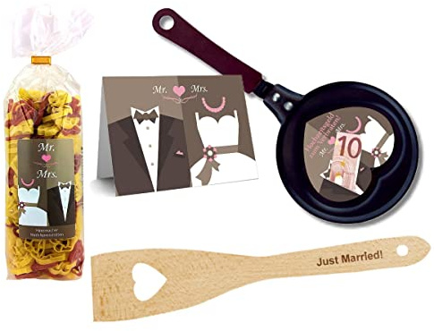 4-teiliges Geschenkset Hochzeit Pfannenwender Just Married Geldgeschenk