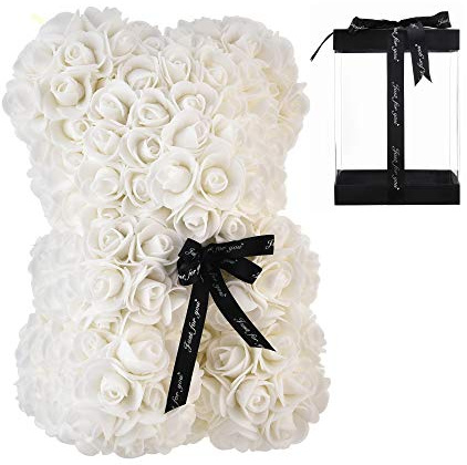 AZXU - Orsacchiotto composto da rose artificiali, per anniversari, regalo per mamma, confezione regalo trasparente inclusa - bianco | Ideale per anniversari, regalo per mamma, confezione regalo trasparente inclusa