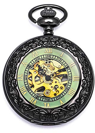 BOSHIYA Fickur vintage mekanisk självlysande steampunk skelett romerska siffror hand uppfällbart fickur med kedja för män och presentask, Förstoringsglas – självlysande, L, Mekaniskt fickur