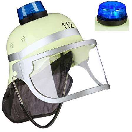 Relaxdays 2 x Feuerwehrhelm Kinder 112, mit Blaulicht, Visier, Nackentuch & Kinnriemen, verstellbar, Feuerwehrmann Helm, gelb