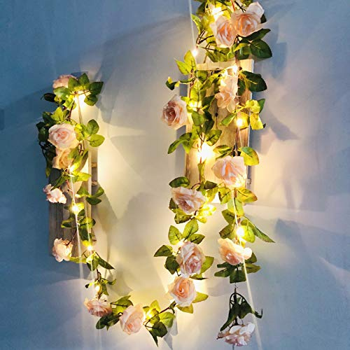 Riaxuebiy Künstliche Rose Blumen Lichterketten LED Blumen Reben Girlande 17 Blumen Fee Lampe Kranz Batterie Angetrieben für Weihnachten Hochzeitsfeier Dekoration (Hell-Pink)