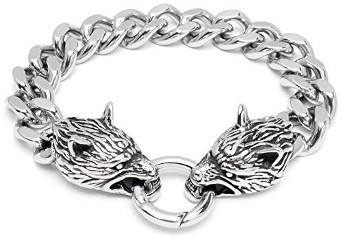 Schmuck-Checker Wolf-Armband mit Ringverschluss aus 316L Edelstahl Wölfe Panzerarmband silber poliert Männer-Armband Herren Geschenk hochwertiger Bikerschmuck