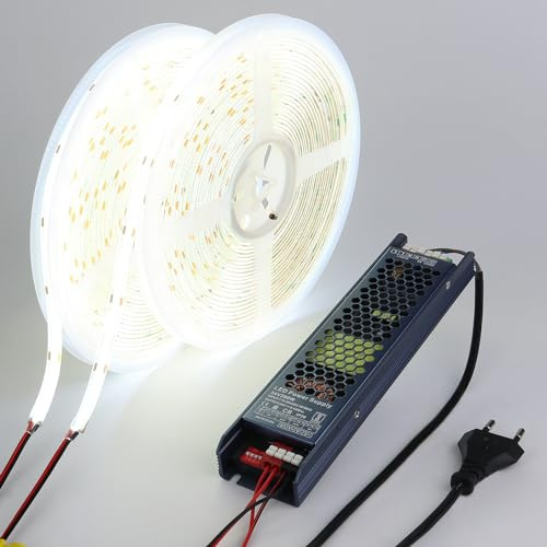 BENLUN 24V COB LED Streifen 20m Aussenbereich Wasserdicht mit Netzteil | 6000K Kaltweiss LED Strip Outdoor IP65 160W Selbstklebend CRI 93 für Schlafzimmer Zimmer Dekoration Beleuchtung, 10m X 2