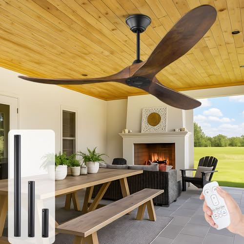 OUENGK 152 cm Holz Deckenventilator ohne Licht - 3-flügeliger Massivholz-Deckenflügeler für innen & außen, mit Fernbedienung, ultra-leisem reversiblen DC-Motor, für Wohnzimmer, Essbereich & Terrasse