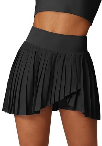 SEAUR Tenniskjol dam med byxor veckad sportkjol golfkjol tennis Skort sport löparkjol med 1 ficka träning löpning minikjol – S–XL, svart, M