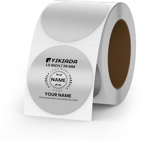 YIKIADA Silver Thermo Etiketten Vinyl 38 mm Rolle Selbstklebend Punktaufkleber Wasserdicht Glitter Aufkleber für Logo Barcode QR Code Kinder Office Home 500 Stück