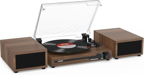 Udreamer Giradischi con 2 altoparlanti stereo doppio, giradischi vintage Bluetooth 5.3 supporta 3 velocità, AUX-In, RCA Line, USB, riproduzione wireless, caffè