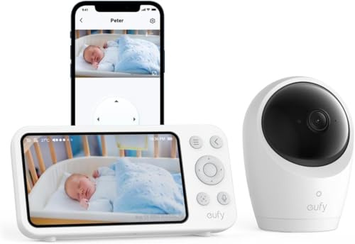 Eufy Babyphone con fotocamera E20, 2 K HD controllo app e offline, visione notturna ultra chiara, 4 × zoom, fotocamera mobile con batteria integrata, ANR, allarmi intelligenti, interruttore ON/OFF