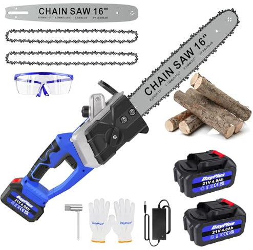 Chainsaw Cordless 16 Inch, Brushless Motor Chainsaw with 2X 4000mAh Battery & 2 Chains, Heavy Duty Battery Chainsaw Electric, Electric Chainsaw with Safety Lock and Strong Motor for Tree Trimming