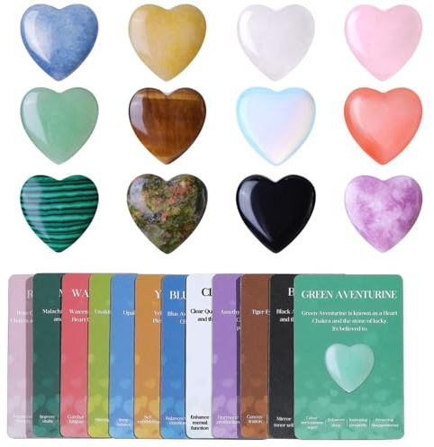 Rocas en forma de corazón, juego de piedras preciosas naturales con 12 corazones de cristal y 12 tarjetas, piedras de corazón de bolsillo para colección, decoración, regalo atento para uso diario