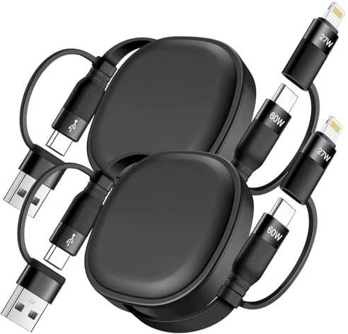 Minlu Multi laddningskabel infällbar, 5-i-1 infällbar laddkabel, 60 W snabbladdningskabel och dataöverföring [1,2 m 2 stycken] USB-laddningskabel med Lightning/typ C/USB A-port för iPads/iPhone/Galaxy