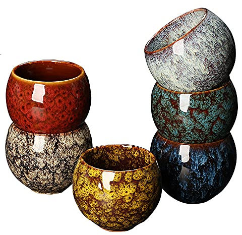 Tasses à thé en céramique japonaises, ensemble de 6 tasses de conception traditionnelle japonaise, tasses à thé traditionnelles en poterie émaillée Kungfu Tea Coffee Cup Tasses en porcelaine
