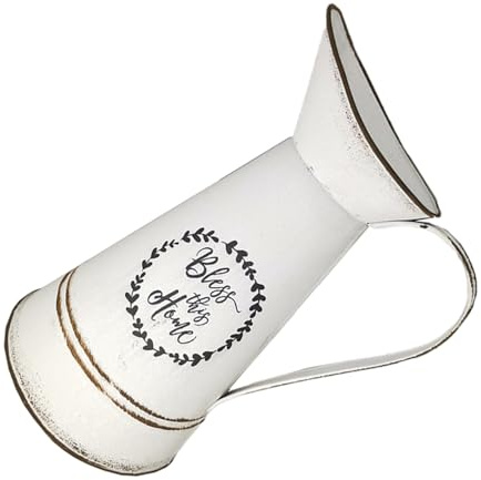 Cabilock Große Weiße Blumenvase im Landhausstil aus Verzinktem Blech Rund mit Geprägtem Buchstabenmuster für Trockenblumen und Raumdekoration im Schlafzimmer