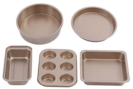 5-Piece Nonstick Professional Carbon Steel Oven Bakeware Baking Set,with 6 Cup Cake Mold/Cake Mold/Square Baking Tray/Rectangular Baking Tray/Pizza Plate(Gold)