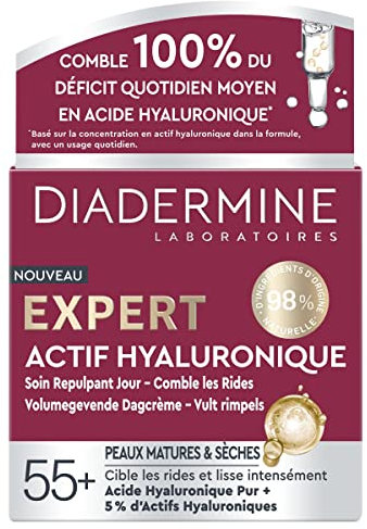 Diadermine - Crème de Jour Expert - Soin Repulpant Jour à l'Acide Hyaluronique - Cible les Rides - Lisse Intensément - Peaux Matures et Sèches - Actif Hyaluronique - Pot de 50 ML