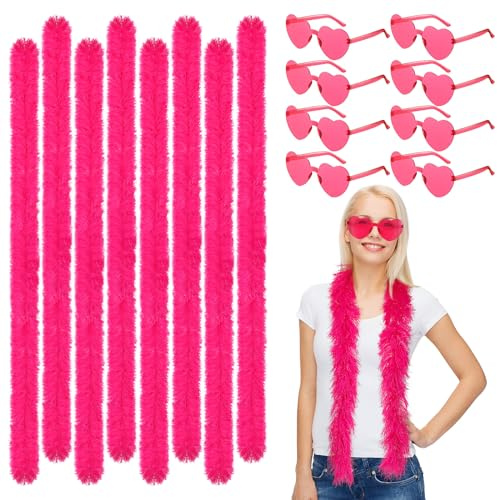 Sinmoe 16 Pezzi 59 Piedi Set Boa di Piume per Festa e Occhiali a Cuore Senza Montatura Accessori di Boa con Occhiali per Feste Matrimoni Costume Travestimento Forniture per Feste(Rosa acceso)